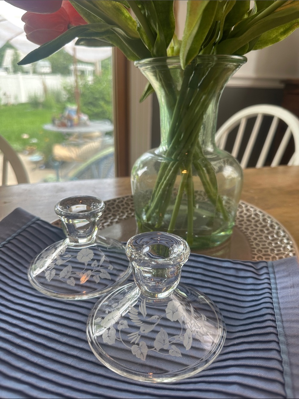 Vintage Avon Crystal Etched Glass Candle Holders with Floral Motif